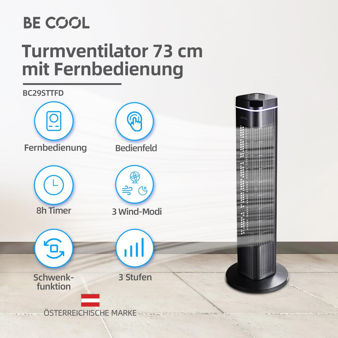 Be Cool Turmventilator 73cm mit Fernbedienung BC29STTFD – 73 cm, 50 Watt, 3 Windmodi, 8 Std. Timer,