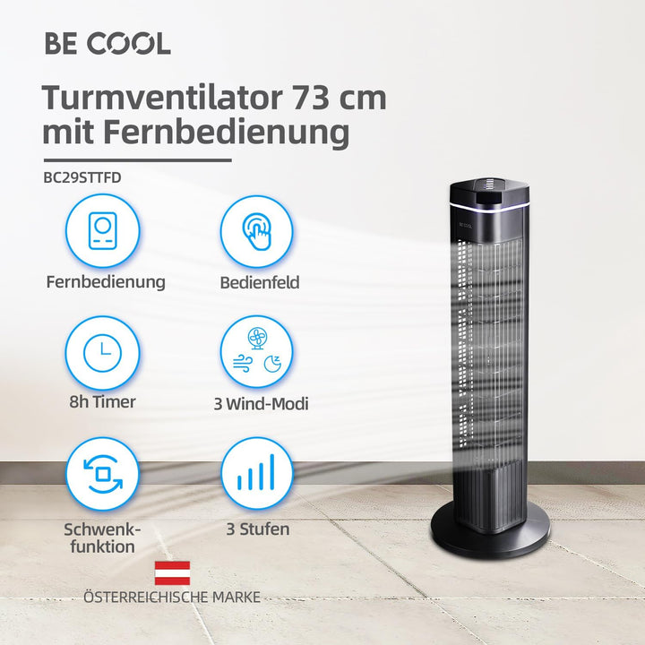 Be Cool Turmventilator 73cm mit Fernbedienung BC29STTFD – 73 cm, 50 Watt, 3 Windmodi, 8 Std. Timer,