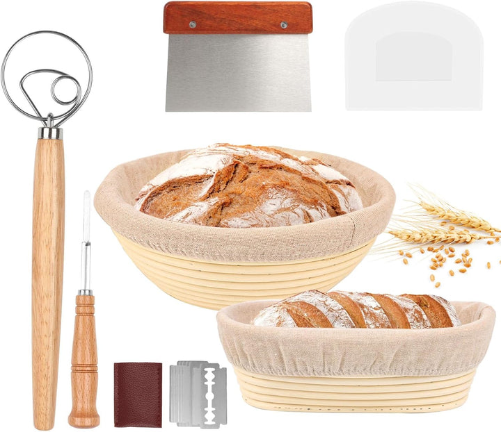 Gärkorb Set, Brot Gärkörbchen aus Peddigrohr zum Brot backen, Gärkörbchen Rund & Oval 2er Set, Gärko