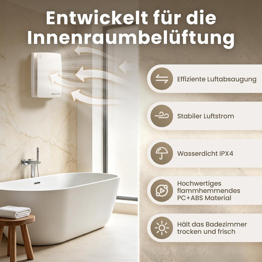 100mm Badlüfter mit Lichtschalter-Aktivierung Leiser IPX4 - Weiss | 130m³/h Starke Belüftung, 8W Kup