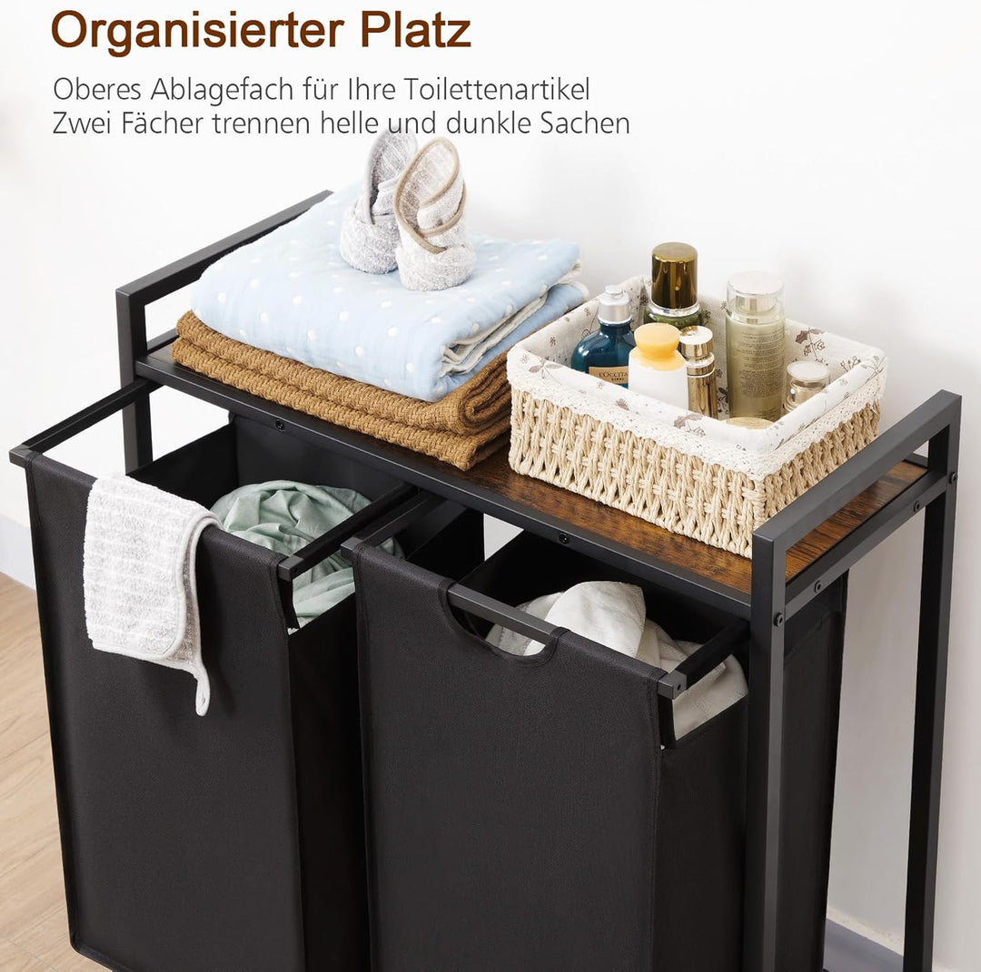 AMHANCIBLE Wäschekorb 2 Fächer, Wäschesammler mit Ablage, Wäschebox, Wäschesack aus Oxford-Gewebe au