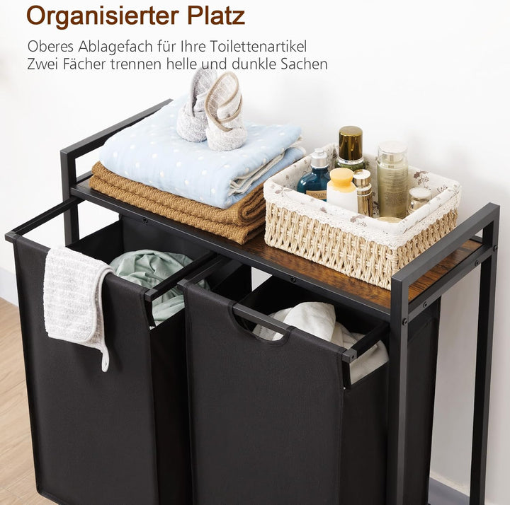 AMHANCIBLE Wäschekorb 2 Fächer, Wäschesammler mit Ablage, Wäschebox, Wäschesack aus Oxford-Gewebe au