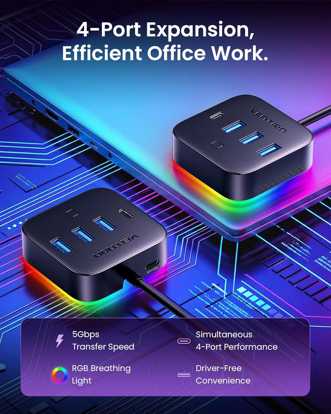 VENTION USB C Hub, 4 Ports USB 3.2 Gen 1 Type-C*1, USB A 3.0 * 3 Datenhub mit 5 Gbit/s with Breathin