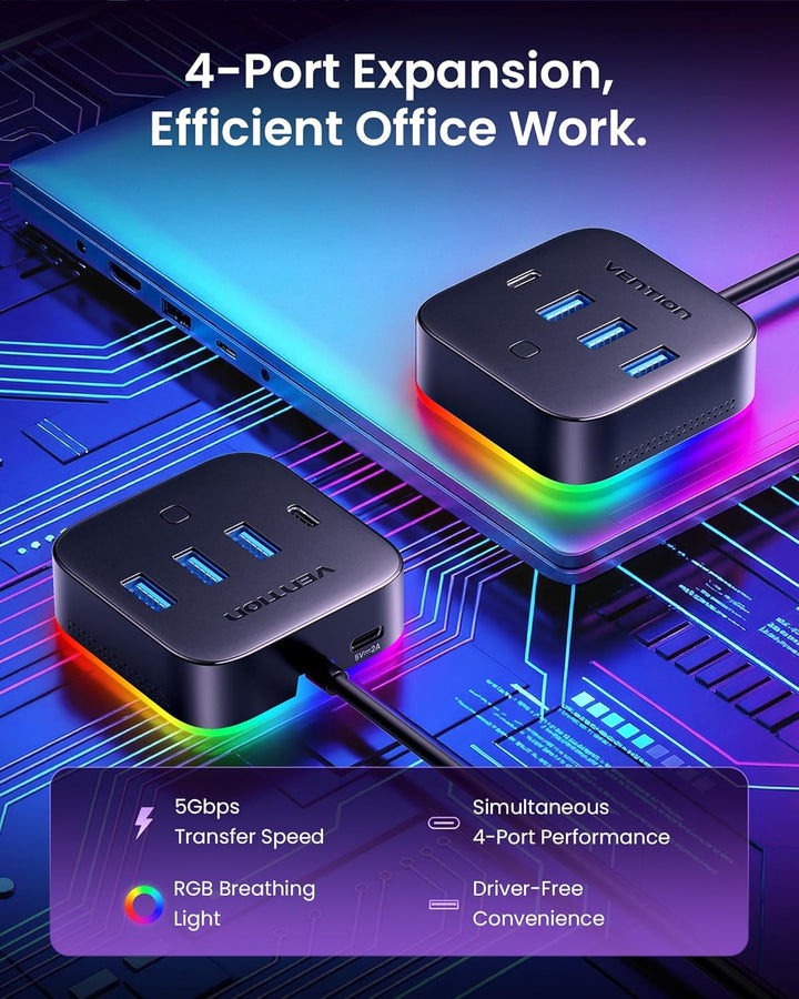 VENTION USB C Hub, 4 Ports USB 3.2 Gen 1 Type-C*1, USB A 3.0 * 3 Datenhub mit 5 Gbit/s with Breathin