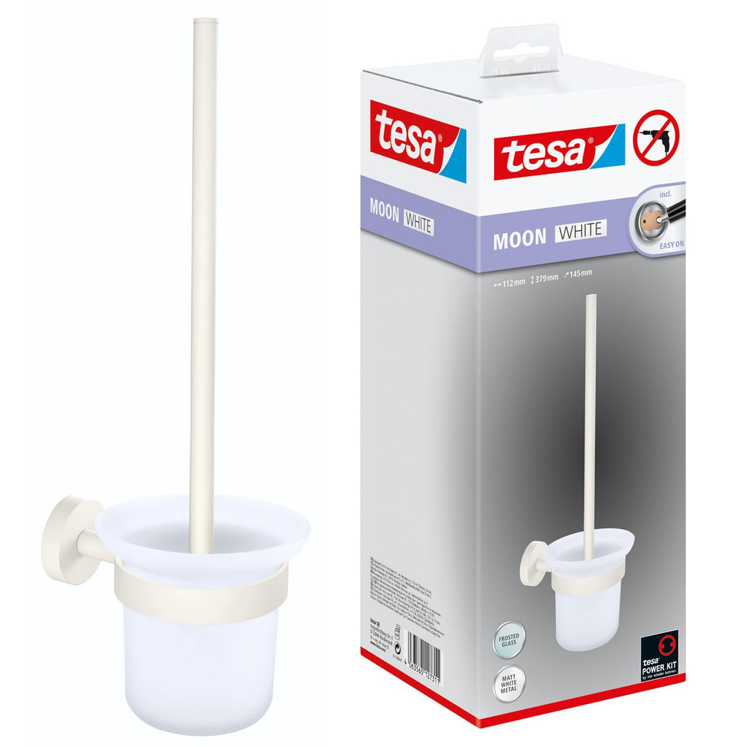 tesa MOON WHITE WC-Garnitur, Set mit Halter &amp; WC-Bürste, matt weiss, satiniertes Glas - für Bäder im