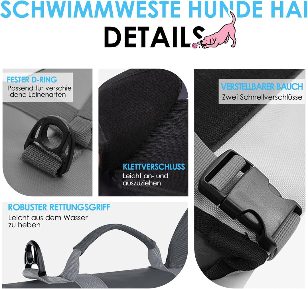 AOFITEE Schwimmweste Hund XS, Verstellbar Hundeschwimmweste Hai, Hoher Auftrieb Klein Hunde Schwimmw