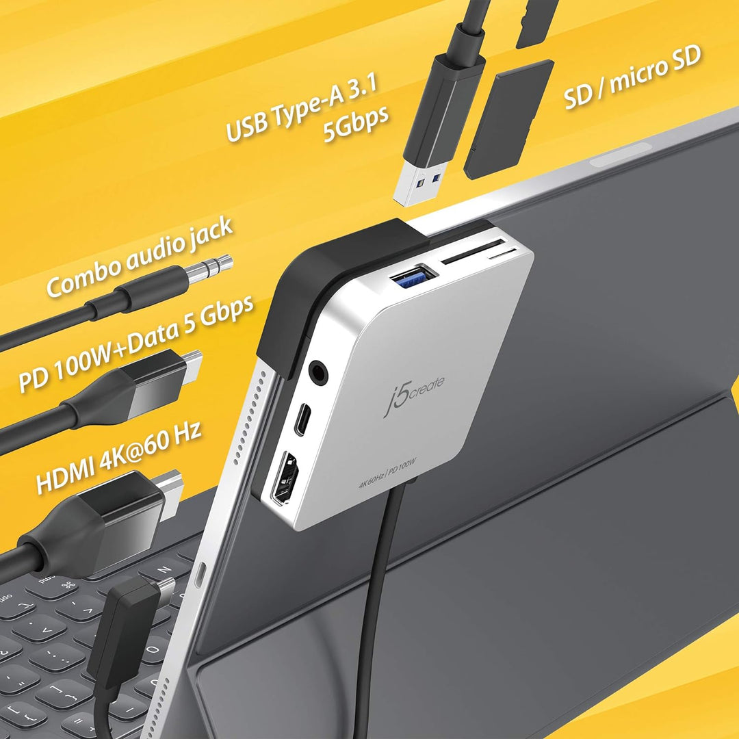 j5create USB C Hub- 6-in-1 Reise-Dockingstation mit HDMI 4K@60Hz, USB C 100W PD-Ladegerät und USB A
