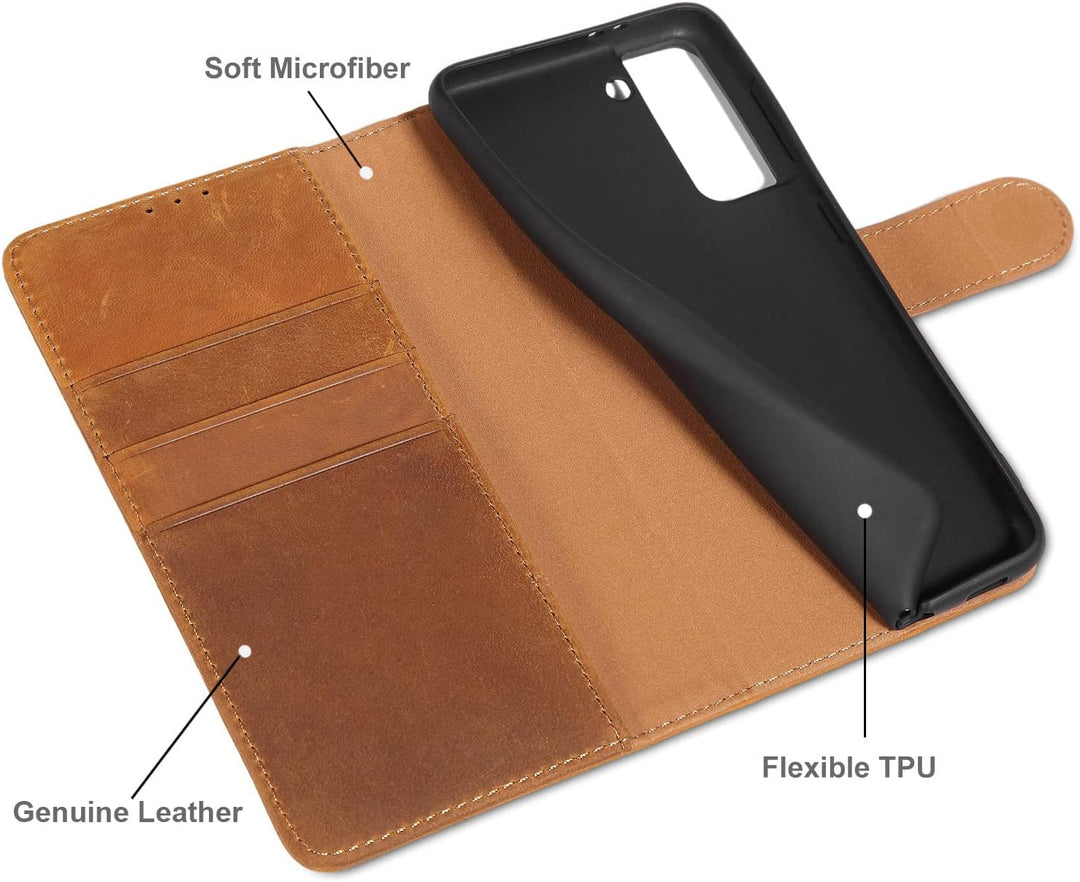 LENSUN Echtleder Hülle für Samsung Galaxy S21, Handyhülle [Echtes Leder] [Magnetverschluss] [RFID Sc