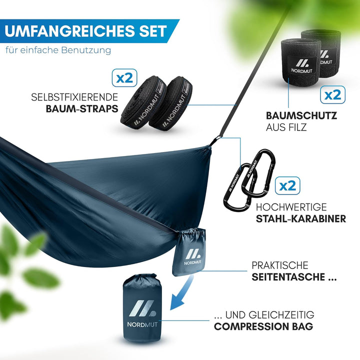 NORDMUT® Ultraleichte Hängematte Outdoor [mit Befestigungs-Set] Camping Hängematte inkl. Baumschutz-