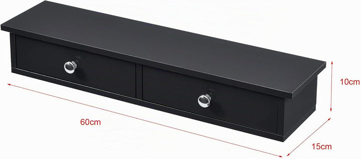 [en.casa] Wandregal mit 2 Schubladen Regal 10x60x15cm Ablage bis 15 kg Hängeregal MDF Schwarz, Schwa
