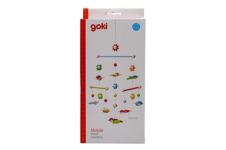 goki 52924 Mobile 3-D Frühlingswiese aus Holz, Blumen und Bienen, Tiere, zugucken und staunen, 24x45