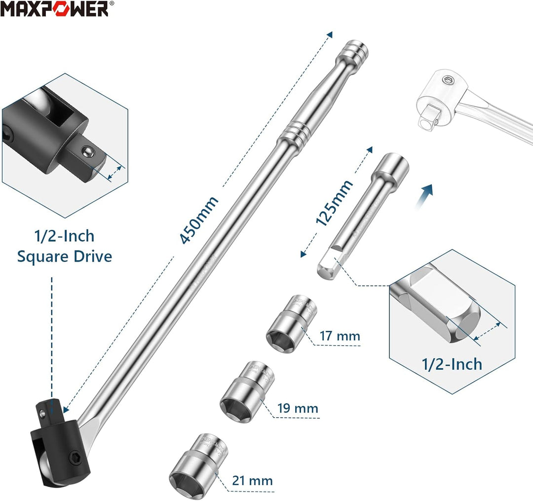 MAXPOWER 450mm Breaker Bar 1/2 zoll Gelenkgriff mit 17 mm/19 mm/21 mm Steckschlüssel 125mm Erweiteru