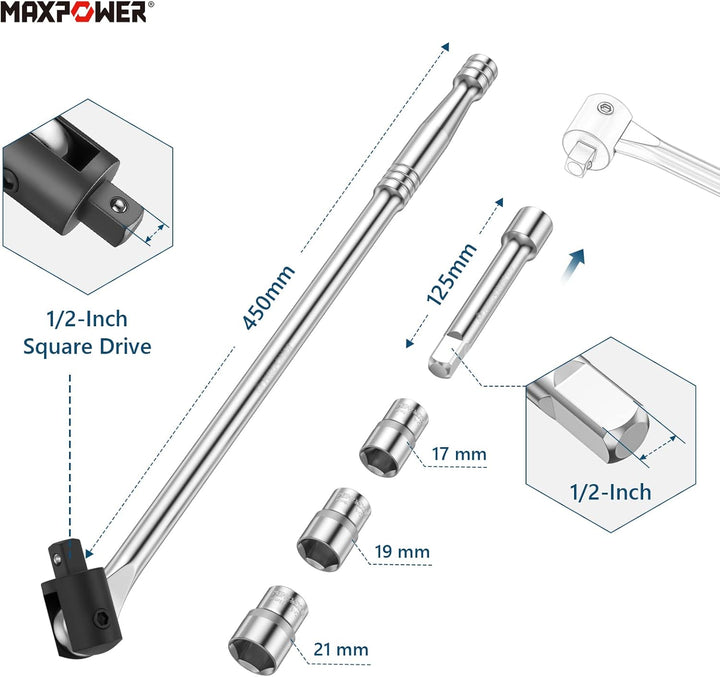 MAXPOWER 450mm Breaker Bar 1/2 zoll Gelenkgriff mit 17 mm/19 mm/21 mm Steckschlüssel 125mm Erweiteru