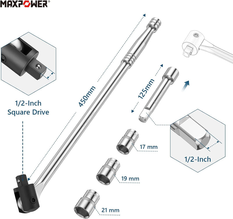 MAXPOWER 450mm Breaker Bar 1/2 zoll Gelenkgriff mit 17 mm/19 mm/21 mm Steckschlüssel 125mm Erweiteru