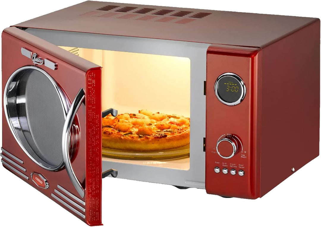 MELISSA 16330129 Retro Mikrowelle/1000 Watt/23 Liter Garraum,Design Mikrowelle mit Grill/Rot metalic