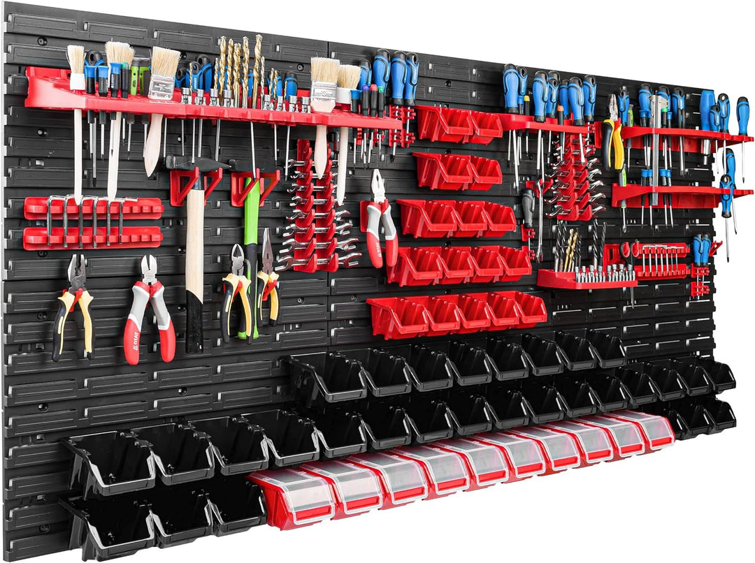 Lagersystem Werkstattregal | 172 x 78 cm | 56 stck. Box | Wandregal mit Werkzeughalterungen und Stap