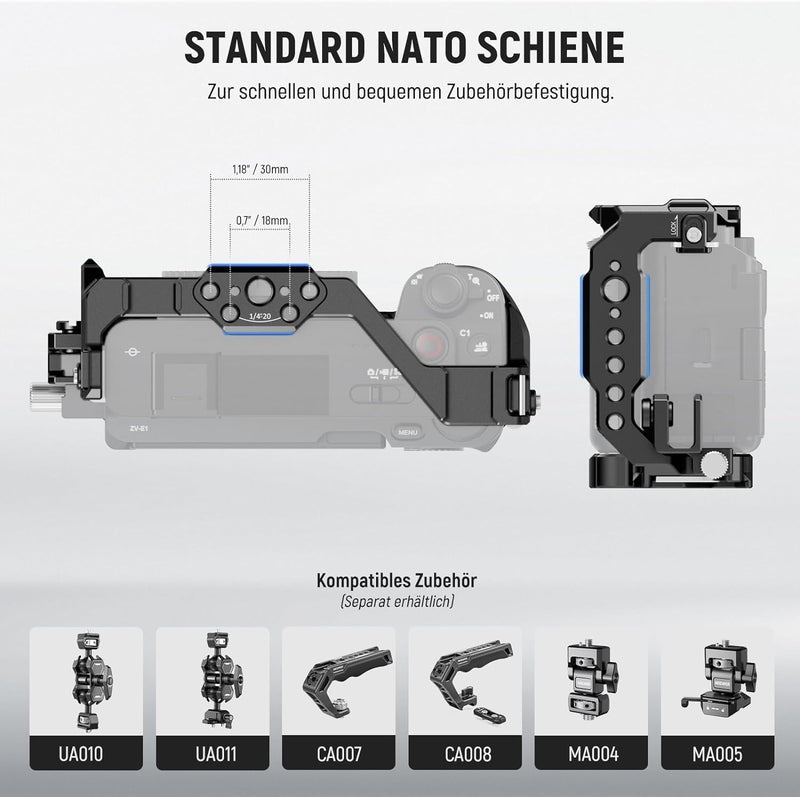 NEEWER ZV-E1 Käfig Cage mit HDMI Cable Clamp, NATO Schiene 3/8"ARRI Aufnahmebohrungen 1/4"Gewinde, A