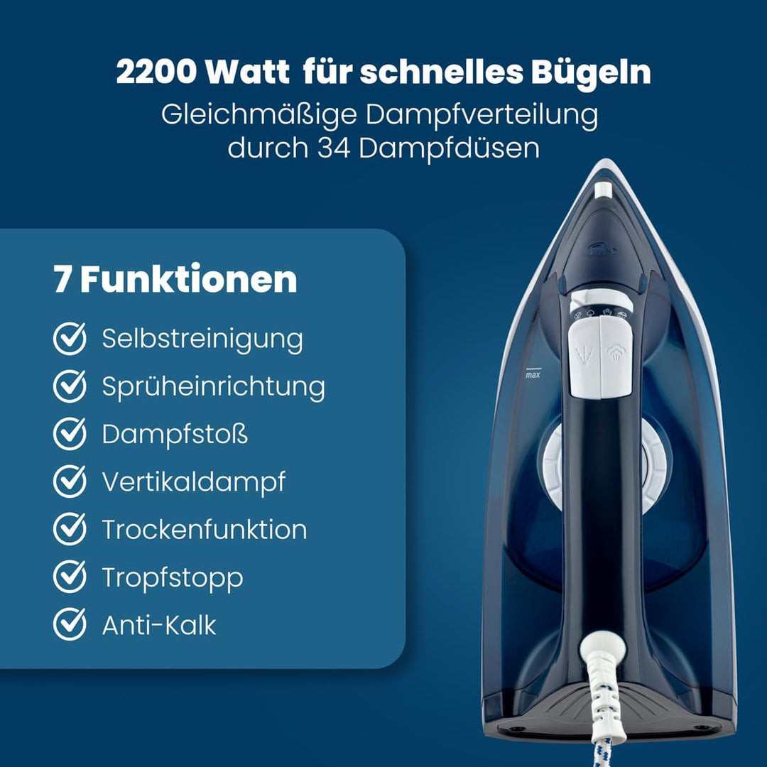 Clatronic DB 3704 Dampfbügeleisen mit 7 Funktionen, Edelstahlspezialsohle, stufenlose Temperaturregu