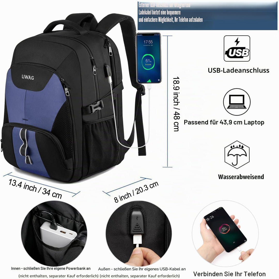 LIWAG Extra Gross Rucksack Herren 50L Wasserdicht 17 Zoll Laptoptasche Arbeit Laptop Rucksack mit US