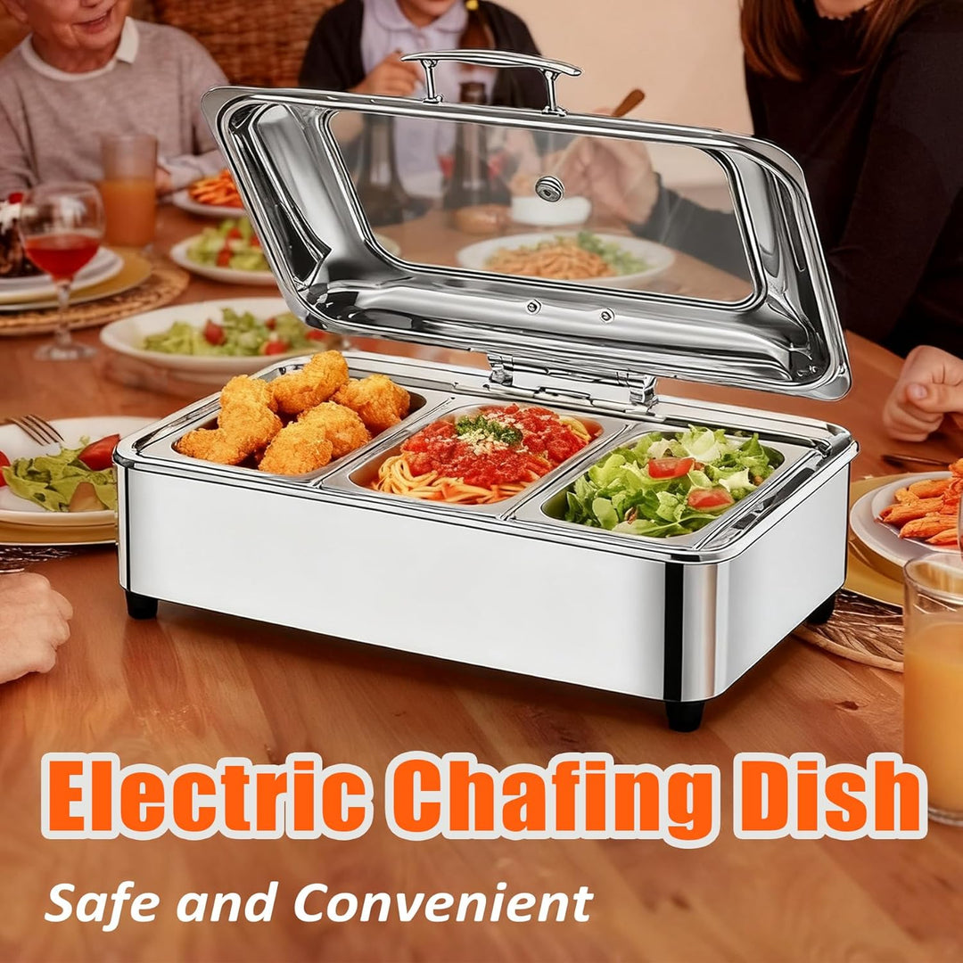 Chafing Dish Elektrisch, 9L Edelstahl Warmhaltebehälter Essen Elektrisch mit Glasdeckel, Speisewärme