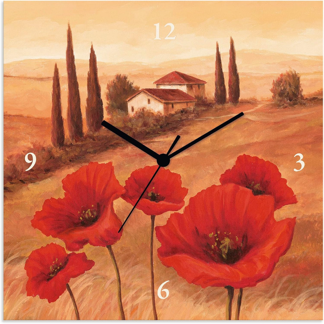 ARTLAND Wanduhr ohne Tickgeräusche Leinwand Quarzuhr 30x30 cm Quadratisch Lautlos Toskana Landschaft