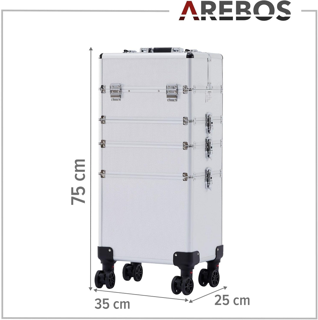 Arebos 4-in-1 Kosmetikkoffer | 4 Fächer & 1 Schublade | Teleskop- und Tragegriff | 8 Schlösser | 4X