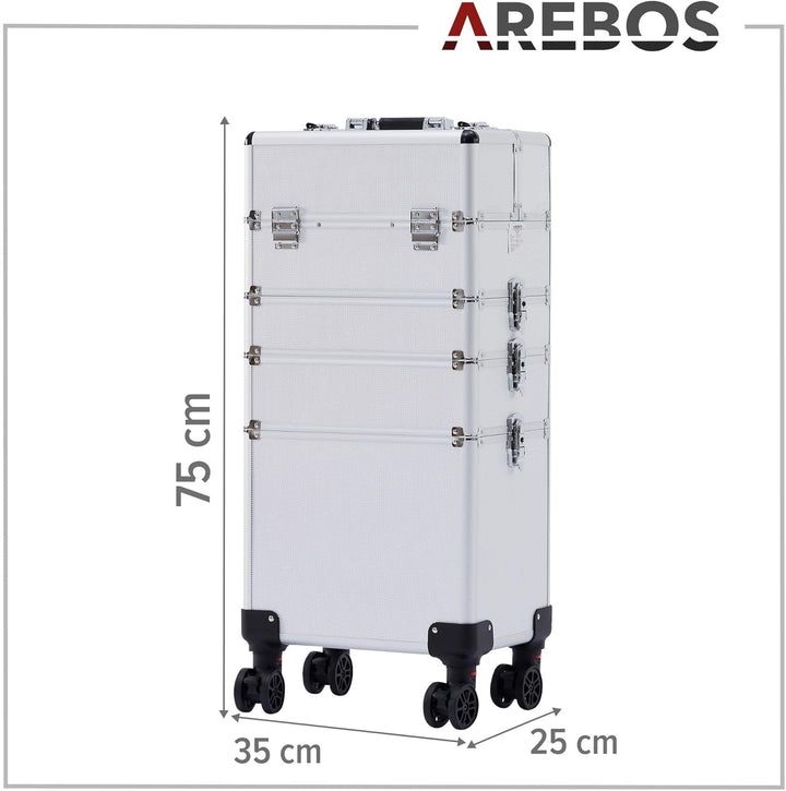 Arebos 4-in-1 Kosmetikkoffer | 4 Fächer & 1 Schublade | Teleskop- und Tragegriff | 8 Schlösser | 4X