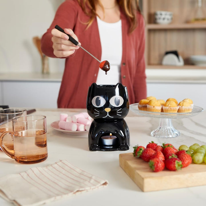 balvi Fondue Wake Cat Farbe Schwarz Wärmeempfindlich, die Katze öffnet beim Erhitzen die Augen Keram