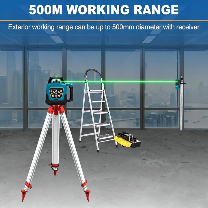 Grünstrahl 360° Rotationslaser IP54, Komplettset mit Stativ &amp; Stab - Blau Grün Rotationslaser mit St
