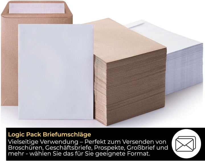 LOGIC PACK Briefumschläge DIN Lang ohne Fenster Selbstklebend - Kuvert DL Umschläge Weiss - Briefums