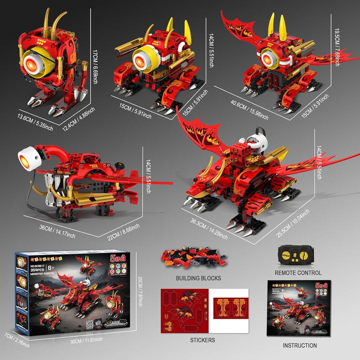 HOGOKIDS 5-in-1-Drachenroboter-Bauspielzeug mit 6 Lichtfarben und 5 Lichteffekten – 354PCS Roboter-S