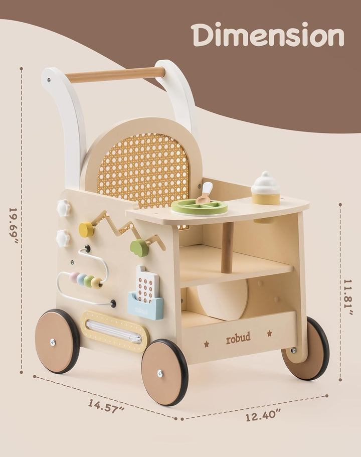ROBUD Holz lauflernhilfe Baby Walker, 2-In-1 Puppe Lauflernwagen mit Montessori Busy Activity Board