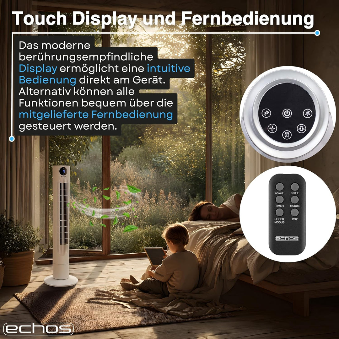 Echos Turmventilator | Ventilator sehr leise | Fernbedienung | Oszillierend | LED-Display | 3 Stufen
