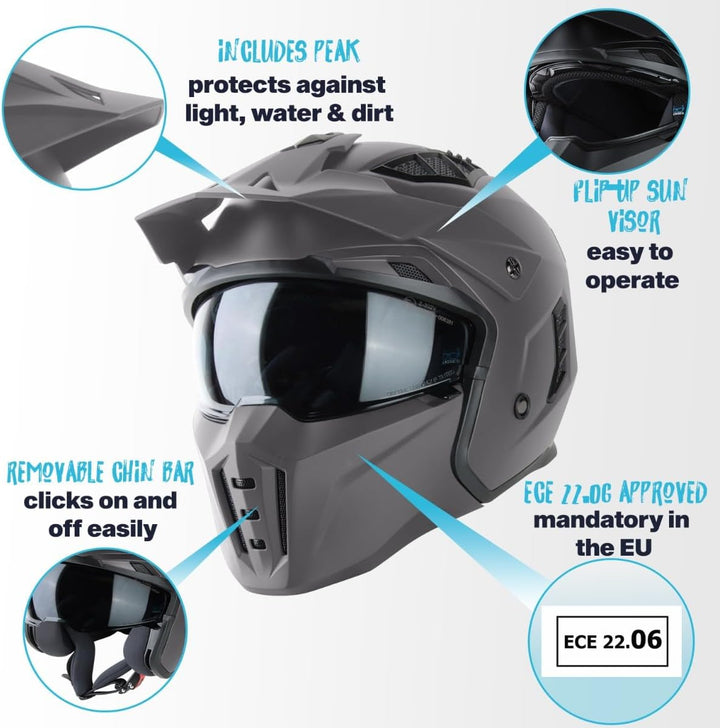 VINZ Kioto Jethelm / Streetfighter Helm | ECE 22.06 zugelassen | Rollerhelm mit Sonnenvisier / Sonne