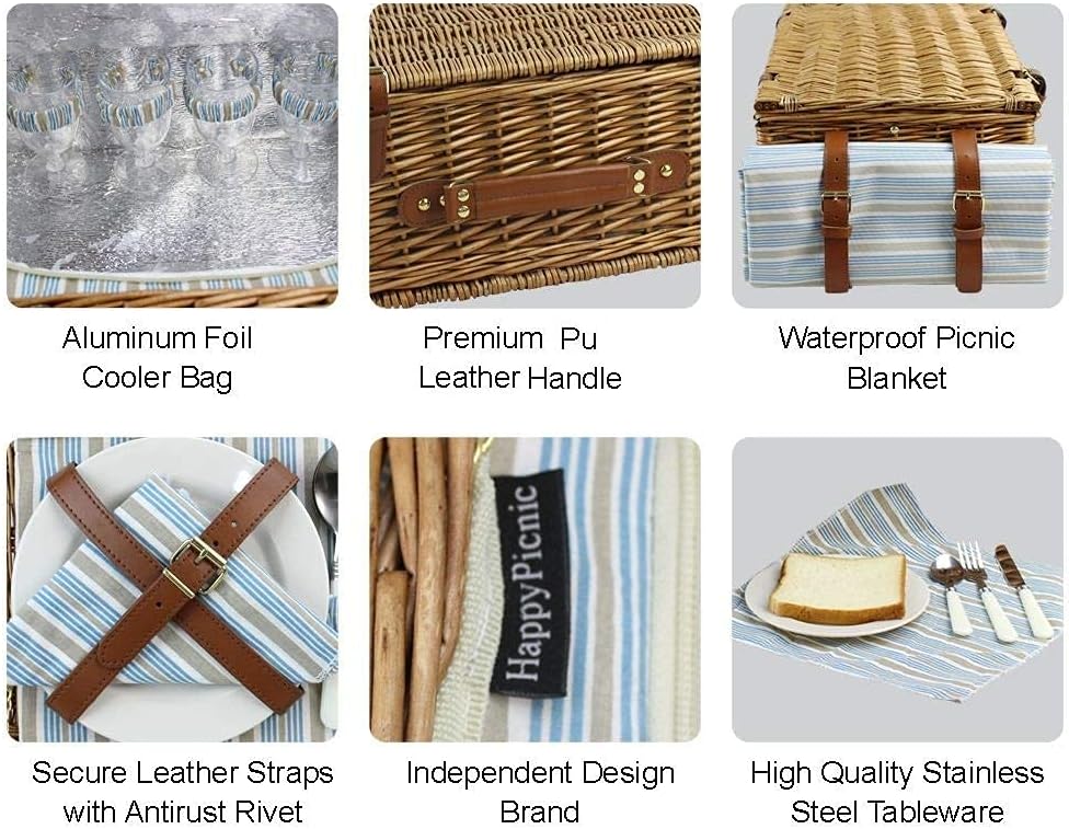 HappyPicnic Wicker Picknickkorb für 4 Personen, Willow Storage Hamper Service Geschenkset für Campin