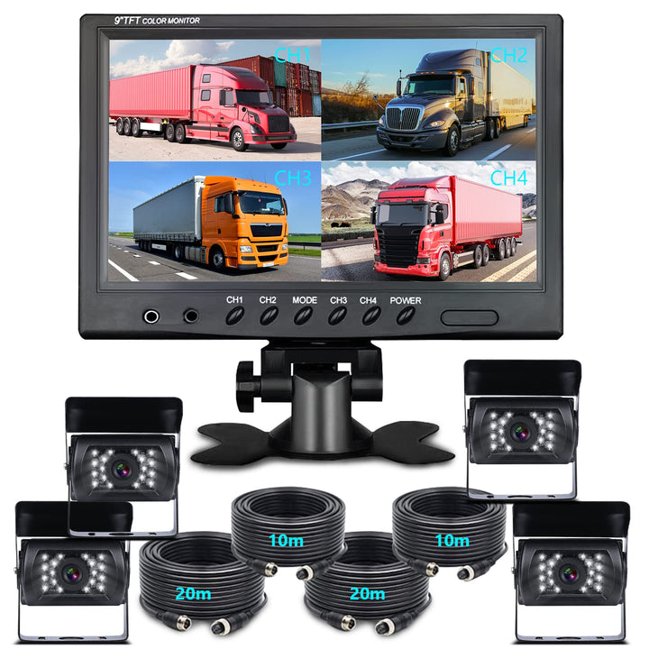 9 Zoll Rückfahrkamera Set mit 4pin Kabel, 4 Wasserdicht Spiegel Kameras für LKW Wohnmobil Wohnwagen