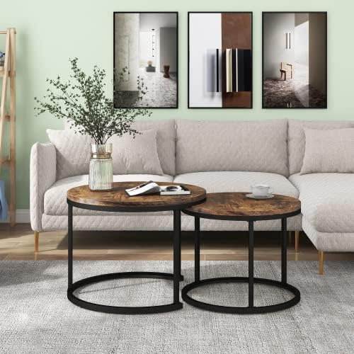 Merax Runder Couchtisch, 2er Set Satz Wohnzimmertisch,Geschachtelter Beistelltisch, 2 Sofatisch Brau