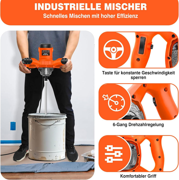 Orange Rührwerk mit starken 2600 Watt – Farb-Mörtelrührer Betonrührer – robustes 6-Gang-Metallgetrie