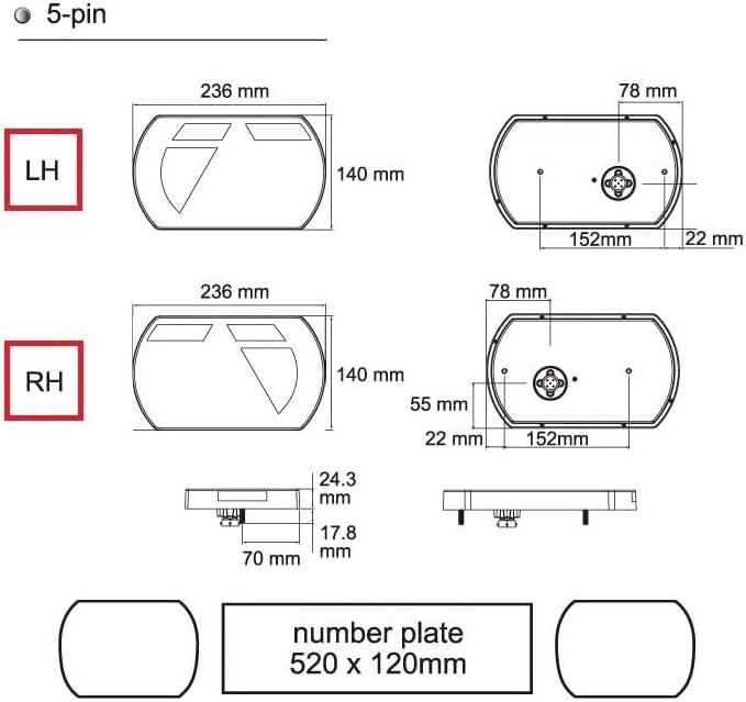 Lucidity LED Rückleuchte 12V Links Heckleuchte Rücklicht Anhänger Multipoint Rückleuchte 5-polig Baj