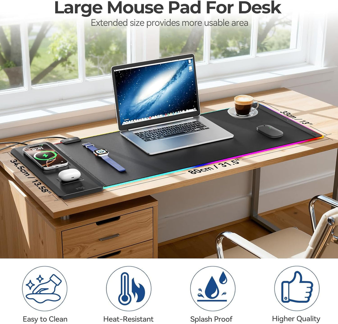 KDD Mauspad Gaming LED 15W Qi Kabelloser Ladung, Gaming Mousepad XXL mit Faltbar Handyhalter, Rutsch
