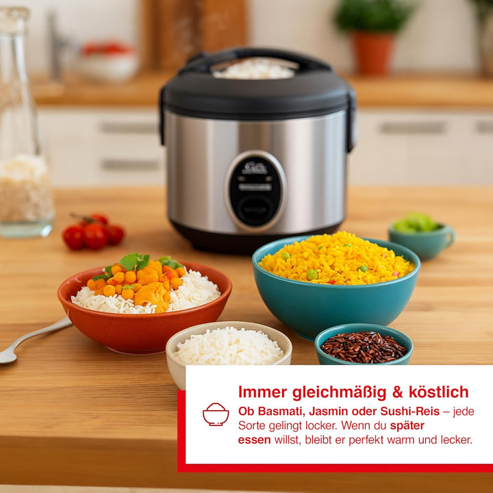 Solis Rice Cooker Compact 821 - Reiskocher Klein - Weisser/brauner Reis - Warmhaltefunktion - 4 Tass