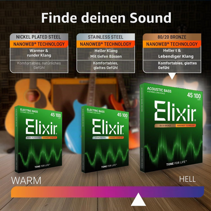Elixir® Saiten 80/20 Bronze-Akustik 4-str. Basssaiten mit NANOWEB® Beschichtung, Long Scale, Light (