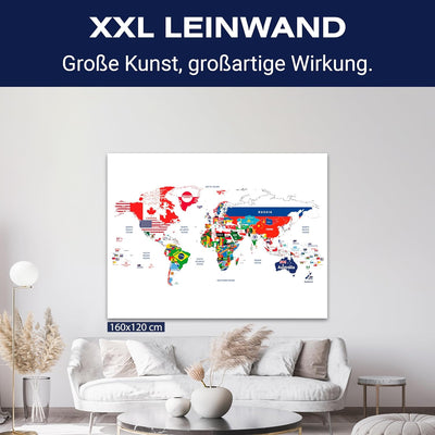 wandmotiv24 Weltkarte auf Leinwand, Grösse 100x75cm Querformat, Flaggen der Welt, Landkarte mit Fahn