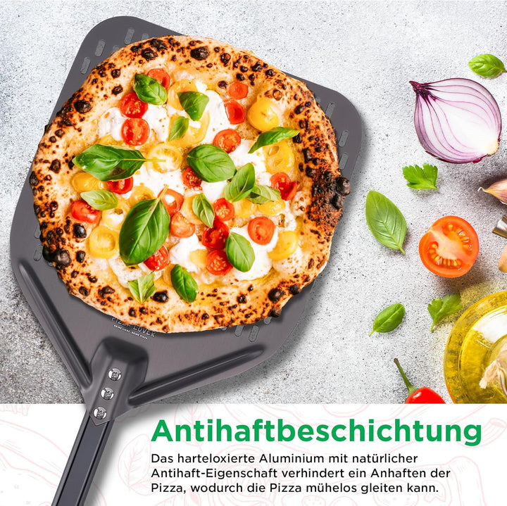 Pizza Lover Premium Pizzastein-Set für Backofen & Grill – 4in1 – inkl. perforiertem Pizzaschieber (h