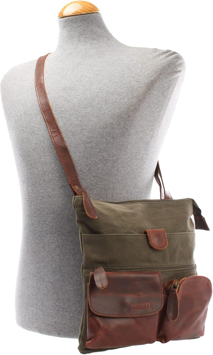 LECONI Umhängetasche Canvas &amp; Leder kleine Schultertasche Handtasche Damen + Herren Vintage Retro St