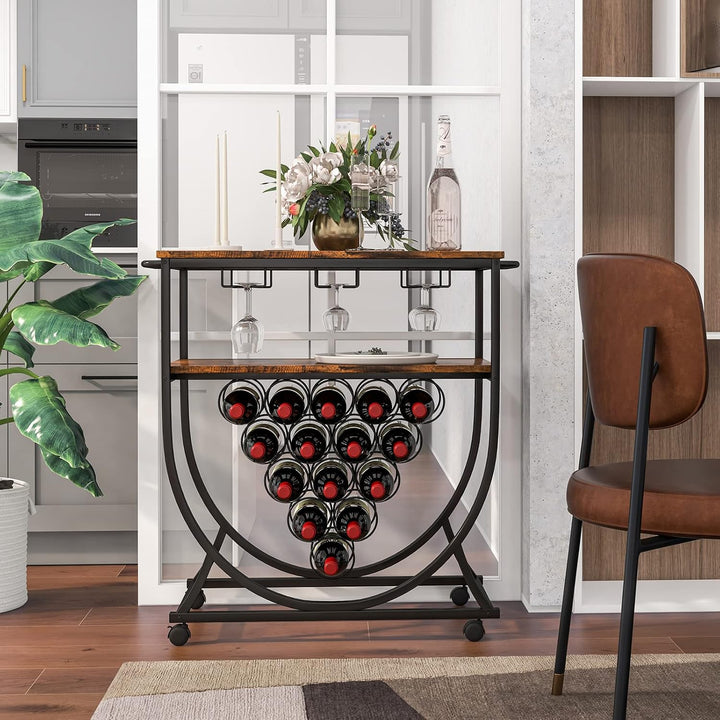KOMFOTTEU Weinregal mit Rollen, Weinwagen mit 2 Ablagen, Flaschenregal für Flaschen &amp; Glas, Barwagen