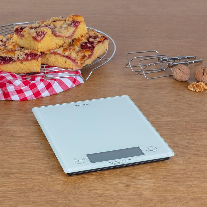 Westmark Digitale Küchenwaage mit Tara-Funktion, Wiegebereich bis 5 Kg, Glas-Wiegefläche, 23 x 18 x