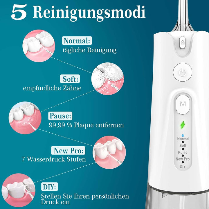 SURFOU Munddusche Kabellos Mundduschen 230ML 5 Modi 7 Düsen, Mundduschen Reise Water Flosser IPX7 Wa