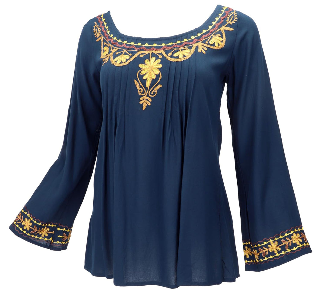 GURU SHOP Bestickte Elfenbluse, Boho Damenbluse 38 Dunkelblau, 38 Dunkelblau