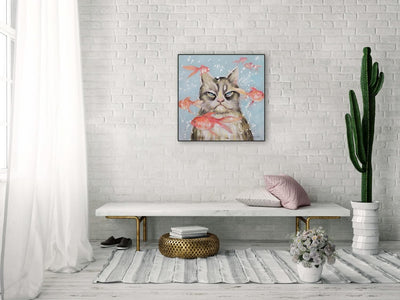 KunstLoft Leinwandbild | 100% HANDGEMALT | 60x60cm | Gemälde 'Very Crabby Cat' | Katze | Blau | Wand